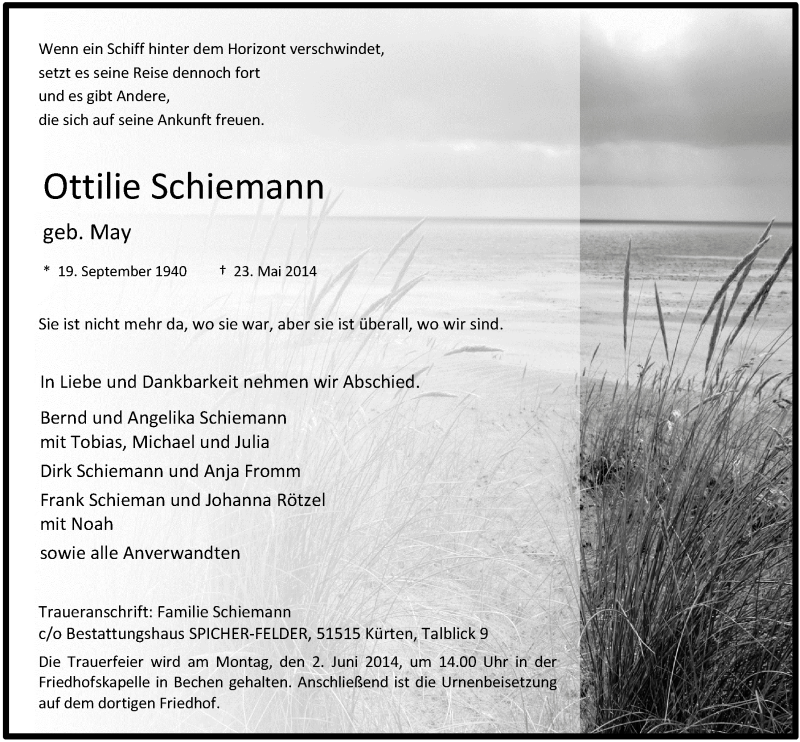  Traueranzeige für Ottilie Schiemann vom 28.05.2014 aus  Bergisches Handelsblatt 
