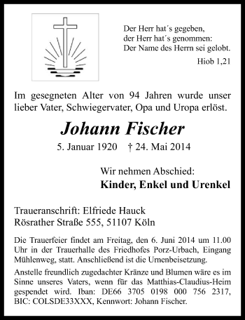 Anzeige von Johann Fischer von  Kölner Wochenspiegel 