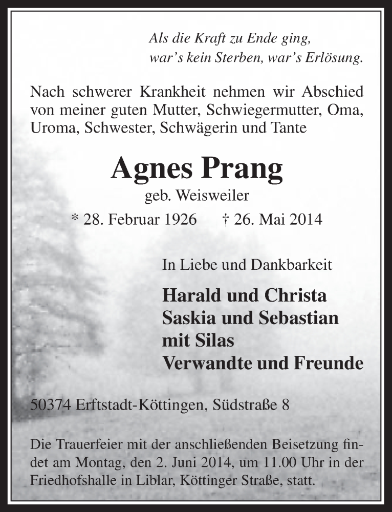  Traueranzeige für Agnes Prang vom 31.05.2014 aus  Sonntags-Post 