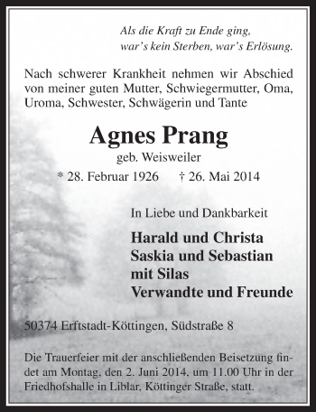Anzeige von Agnes Prang von  Sonntags-Post 