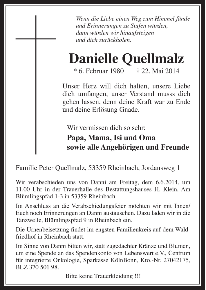  Traueranzeige für Danielle Quellmalz vom 04.06.2014 aus  Schaufenster/Blickpunkt 