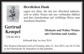 Anzeige von Gertrud Kempel von  Werbepost 