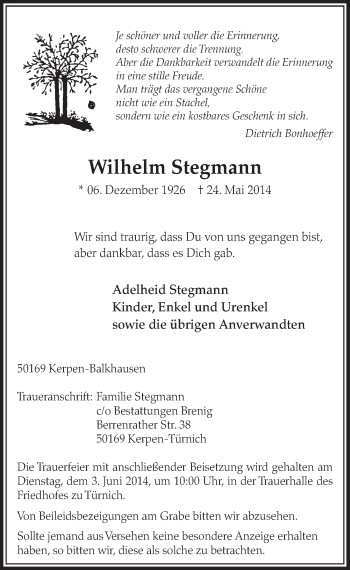 Anzeige von Wilhelm Stegmann von  Sonntags-Post 