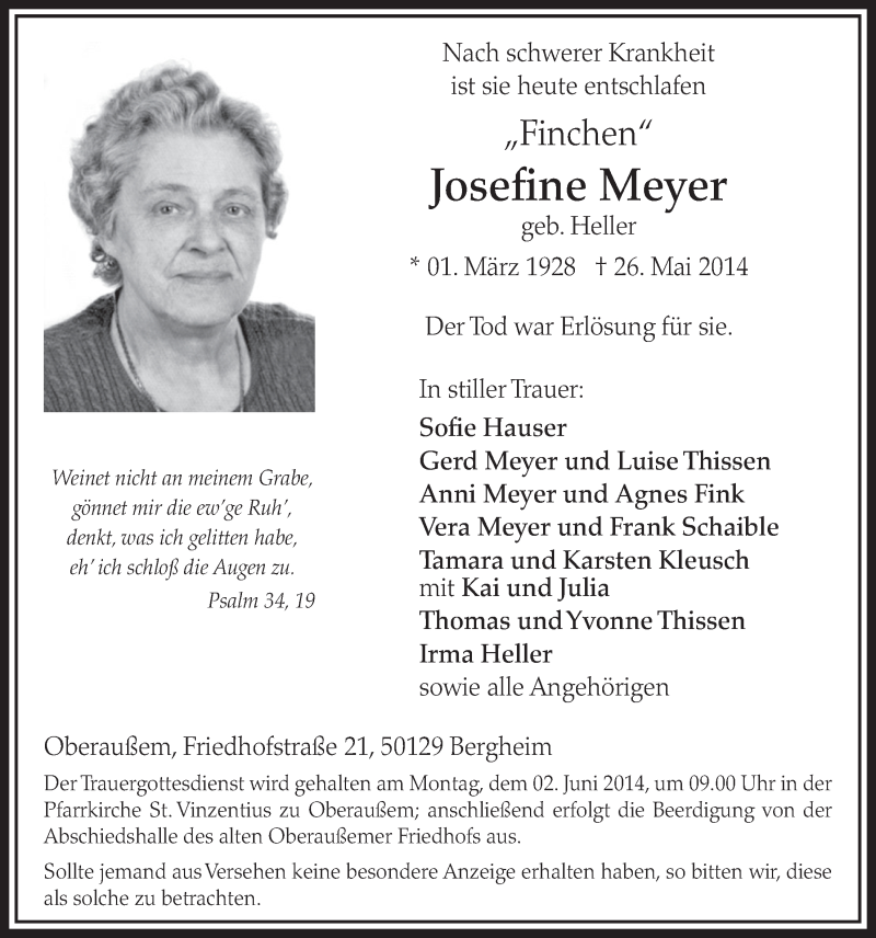  Traueranzeige für Josefine Meyer vom 31.05.2014 aus  Sonntags-Post 