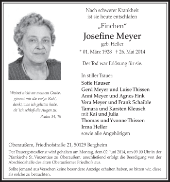 Anzeige von Josefine Meyer von  Sonntags-Post 