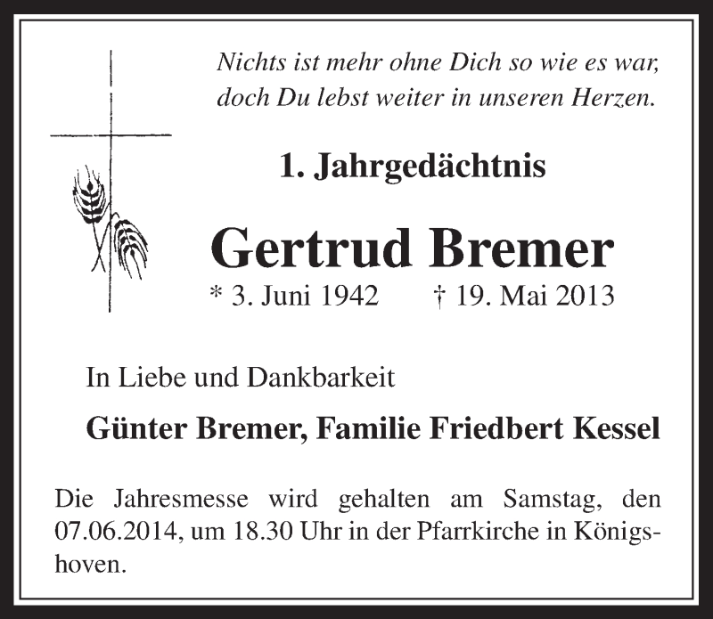  Traueranzeige für Gertrud Bremer vom 04.06.2014 aus  Werbepost 