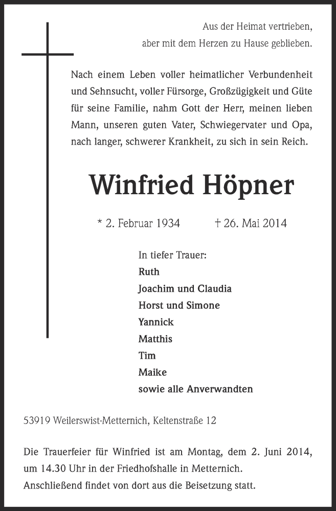  Traueranzeige für Winfried Höpner vom 01.06.2014 aus  Blickpunkt Euskirchen 