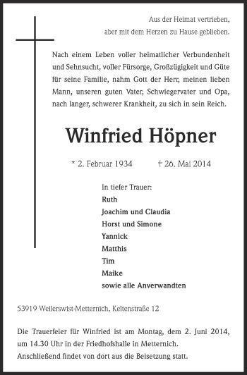 Anzeige von Winfried Höpner von  Blickpunkt Euskirchen 