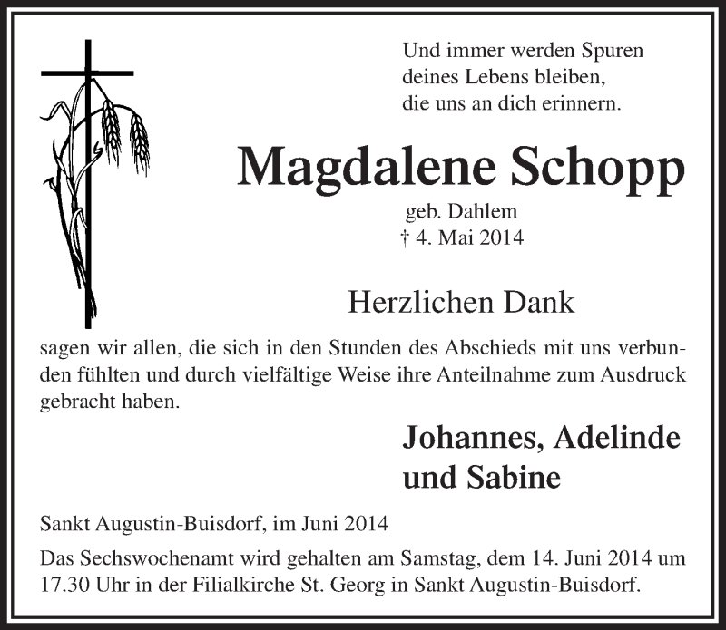  Traueranzeige für Magdalene Schopp vom 04.06.2014 aus  Extra Blatt 