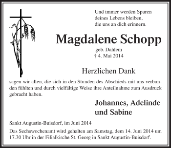 Anzeige von Magdalene Schopp von  Extra Blatt 