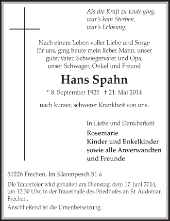 Anzeige von Hans Spahn von  Sonntags-Post 