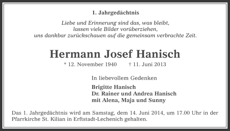  Traueranzeige für Hermann Josef Hanisch vom 11.06.2014 aus  Werbepost 