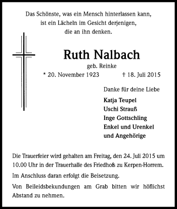 Anzeige von Ruth Nalbach von Kölner Stadt-Anzeiger / Kölnische Rundschau / Express