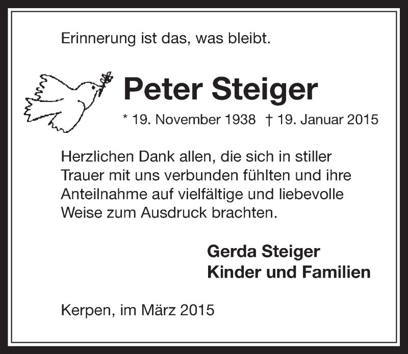  Traueranzeige für Peter Steiger vom 04.03.2015 aus  Werbepost 