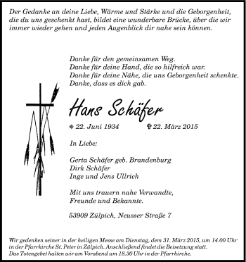 Anzeige von Hans Schäfer von Kölner Stadt-Anzeiger / Kölnische Rundschau / Express