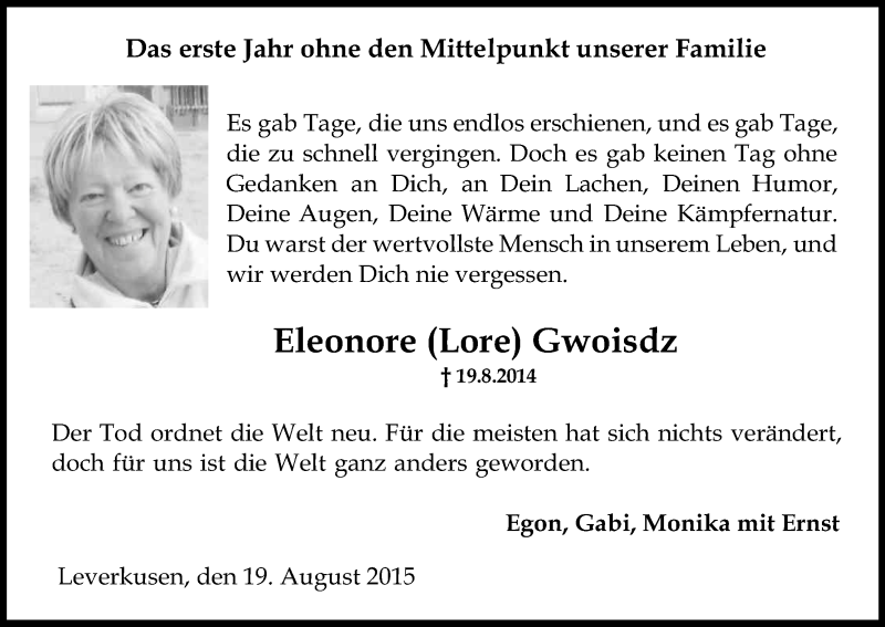  Traueranzeige für Eleonore Gwoisdz vom 19.08.2015 aus Kölner Stadt-Anzeiger / Kölnische Rundschau / Express