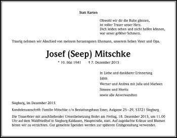 Anzeige von Josef Mitschke von Kölner Stadt-Anzeiger / Kölnische Rundschau / Express