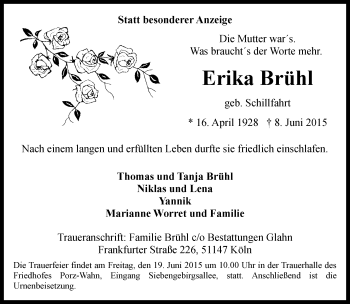 Anzeige von Erika Brühl von  Kölner Wochenspiegel 