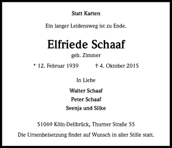 Anzeige von Elfriede Schaaf von Kölner Stadt-Anzeiger / Kölnische Rundschau / Express