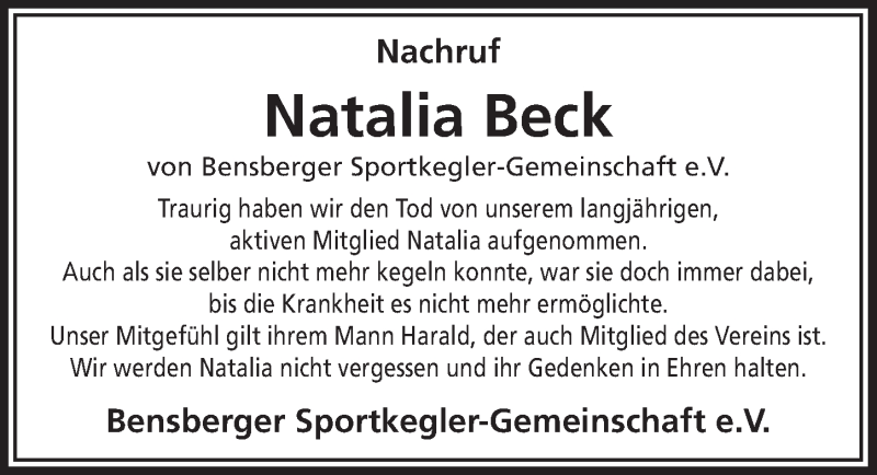  Traueranzeige für Natalia Beck vom 23.09.2015 aus  Bergisches Handelsblatt 