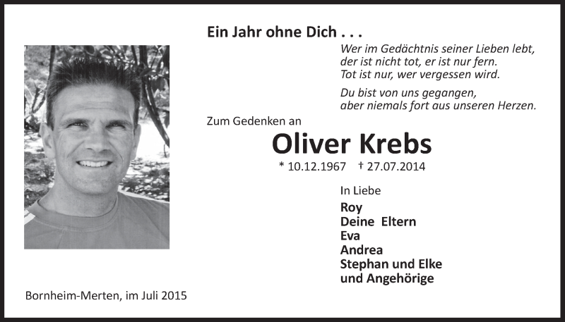  Traueranzeige für Oliver Krebs vom 22.07.2015 aus  Schlossbote/Werbekurier 