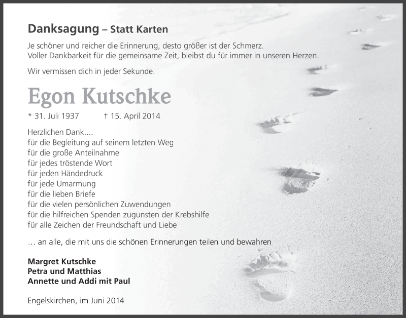  Traueranzeige für Egon Kutschke vom 04.06.2014 aus  Anzeigen Echo 