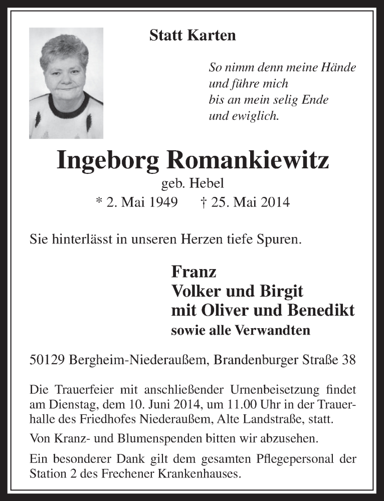  Traueranzeige für Ingeborg Romankiewitz vom 04.06.2014 aus  Werbepost 