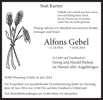 Anzeige von Alfons Gebel von  Schlossbote/Werbekurier 
