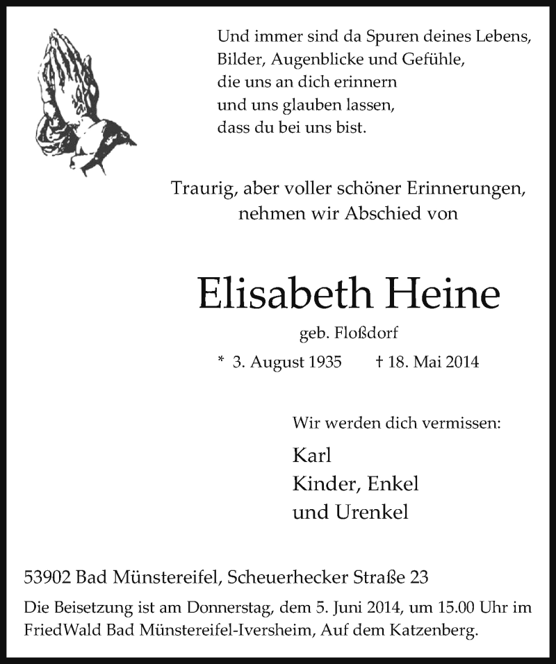  Traueranzeige für Elisabeth Heine vom 01.06.2014 aus  Blickpunkt Euskirchen 