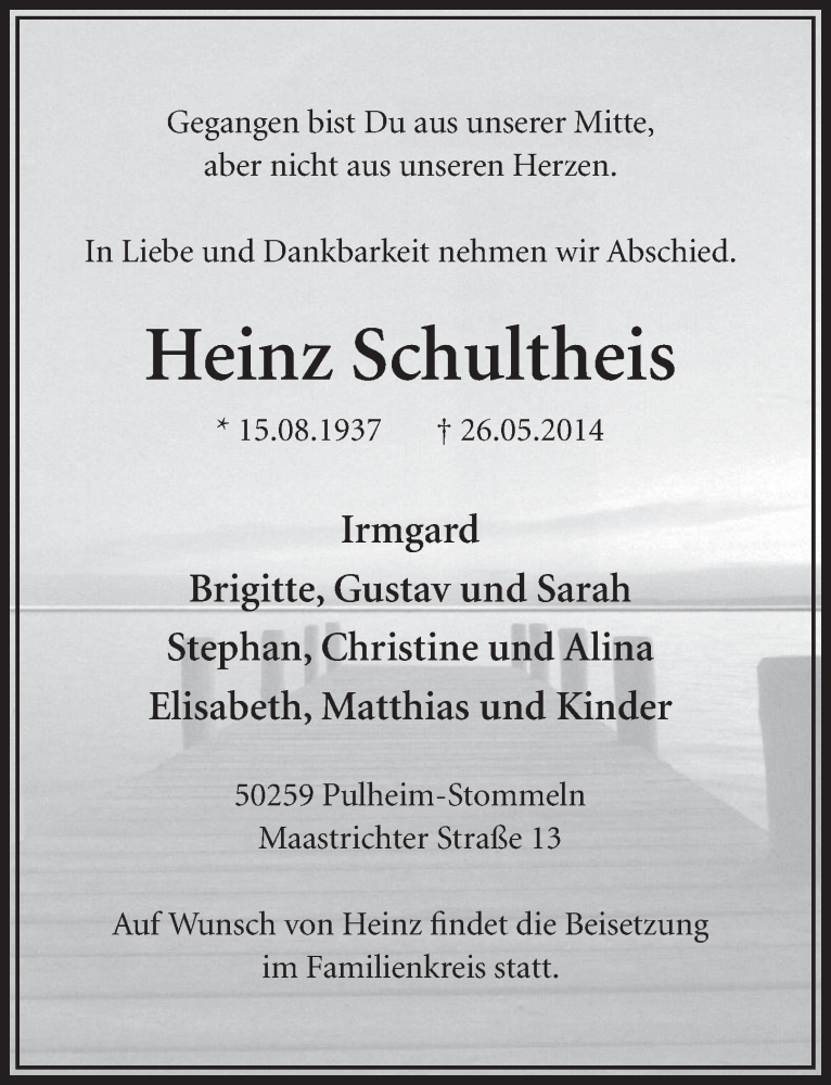  Traueranzeige für Heinz Schultheis vom 31.05.2014 aus  Sonntags-Post 