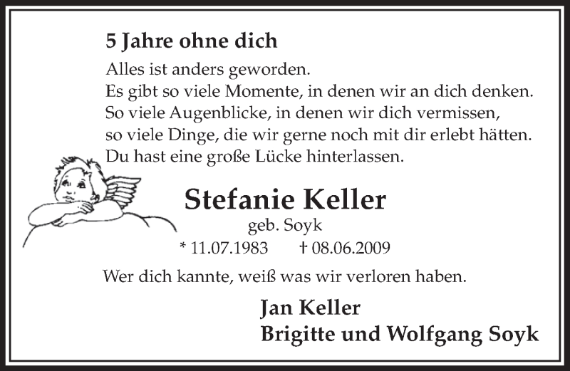  Traueranzeige für Stefanie Keller vom 04.06.2014 aus  Schlossbote/Werbekurier 