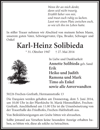 Anzeige von Karl-Heinz Solibieda von  Sonntags-Post 