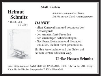 Anzeige von Helmut Schmitz von  Wochenende  Schlossbote/Werbekurier 