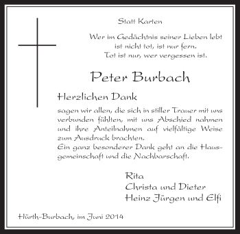 Anzeige von Peter Burbach von  Wochenende 