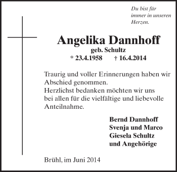 Anzeige von Angelika Dannhoff von  Schlossbote/Werbekurier 