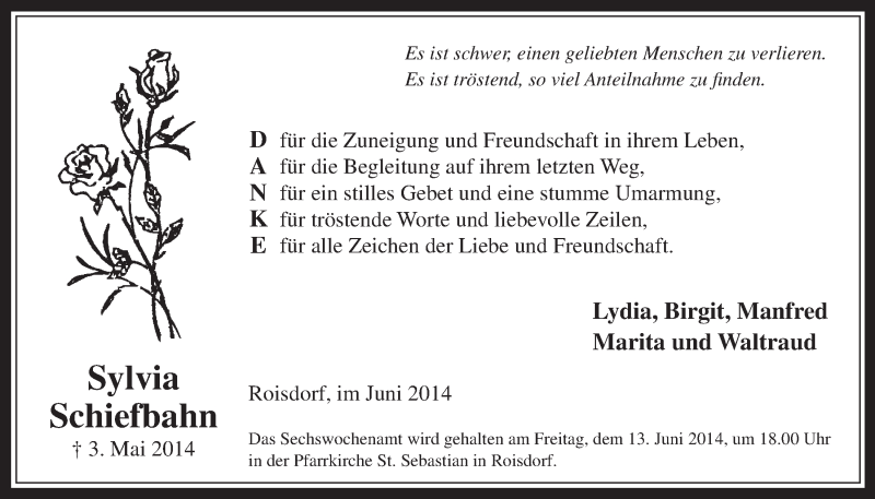  Traueranzeige für Sylvia Schiefbahn vom 04.06.2014 aus  Schaufenster/Blickpunkt 