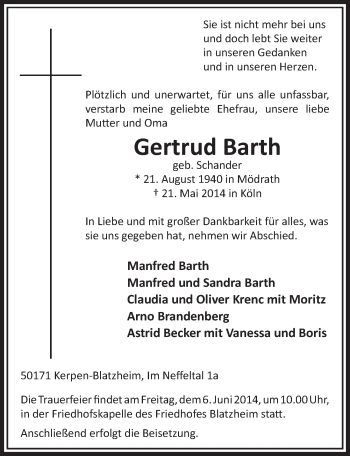 Anzeige von Gertrud Barth von  Sonntags-Post 