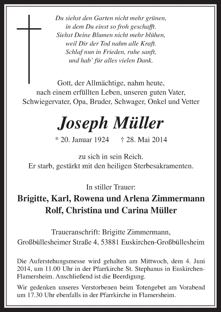  Traueranzeige für Joseph Müller vom 01.06.2014 aus  Blickpunkt Euskirchen 