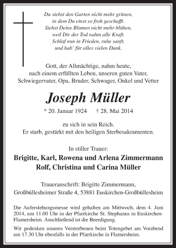 Anzeige von Joseph Müller von  Blickpunkt Euskirchen 
