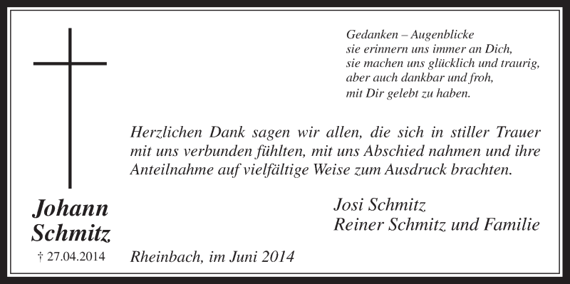  Traueranzeige für Johann Schmitz vom 11.06.2014 aus  Schaufenster/Blickpunkt 