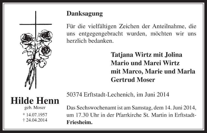  Traueranzeige für Hilde Henn vom 11.06.2014 aus  Werbepost 