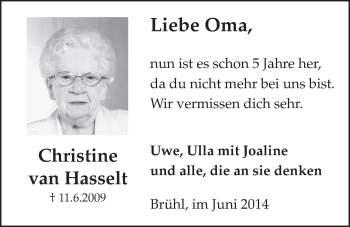 Anzeige von Christine van Hasselt von  Schlossbote/Werbekurier 