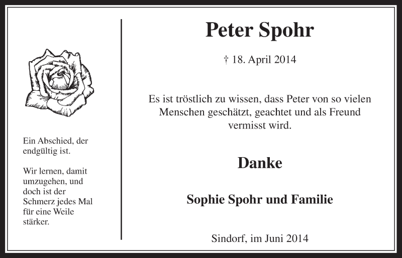  Traueranzeige für Peter Spohr vom 04.06.2014 aus  Werbepost 