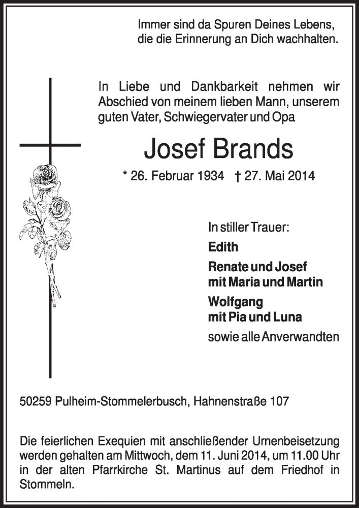  Traueranzeige für Josef Brands vom 07.06.2014 aus  Sonntags-Post 