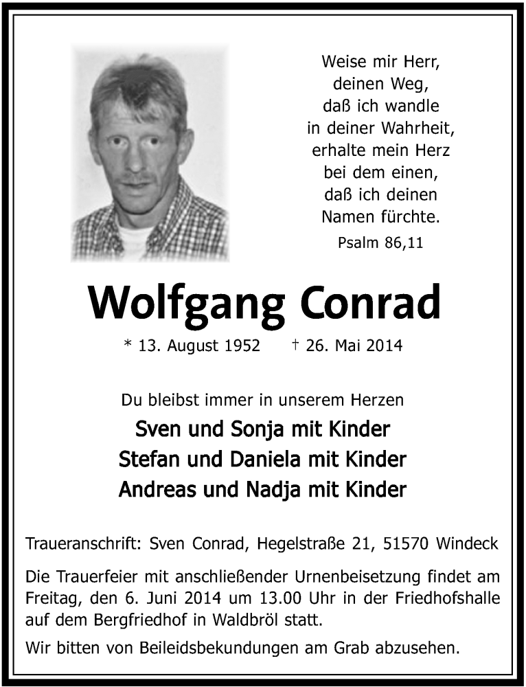  Traueranzeige für Wolfgang Conrad vom 04.06.2014 aus  Lokalanzeiger 