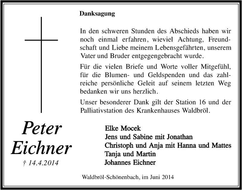  Traueranzeige für Peter Eichner vom 04.06.2014 aus  Lokalanzeiger 