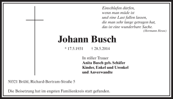 Anzeige von Johann Busch von  Schlossbote/Werbekurier 