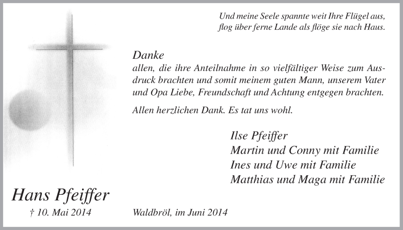  Traueranzeige für Hans Pfeiffer vom 04.06.2014 aus  Lokalanzeiger 