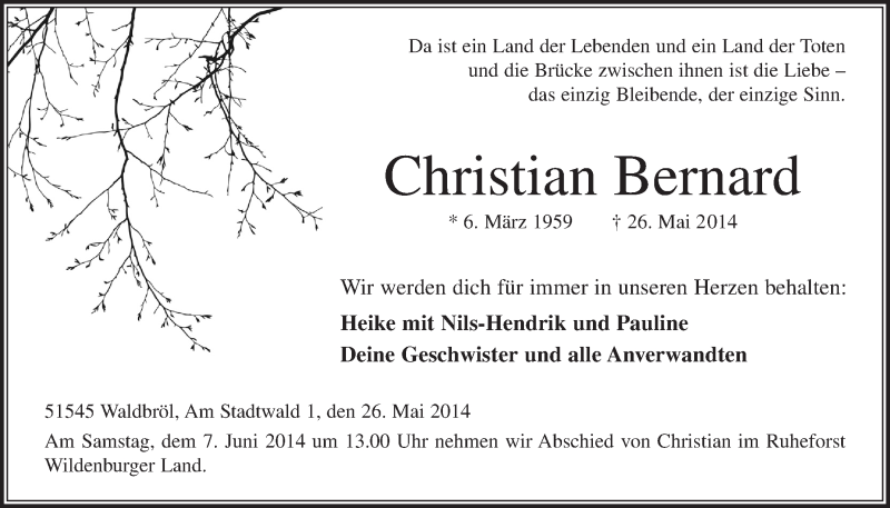  Traueranzeige für Christian Bernard vom 04.06.2014 aus  Lokalanzeiger 