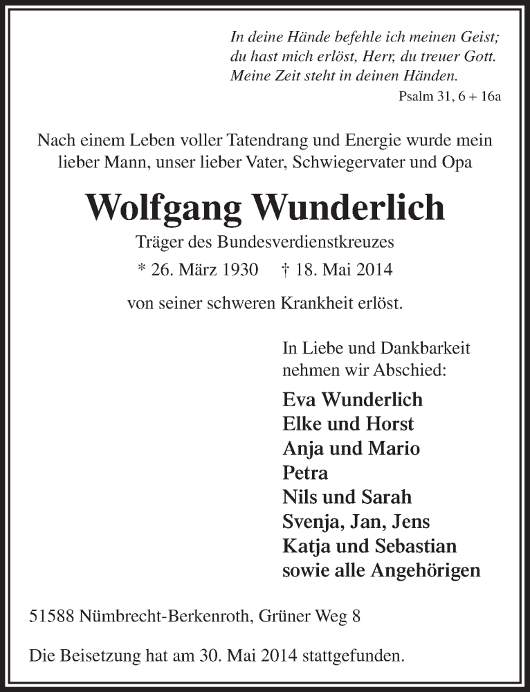  Traueranzeige für Wolfgang Wunderlich vom 04.06.2014 aus  Lokalanzeiger 